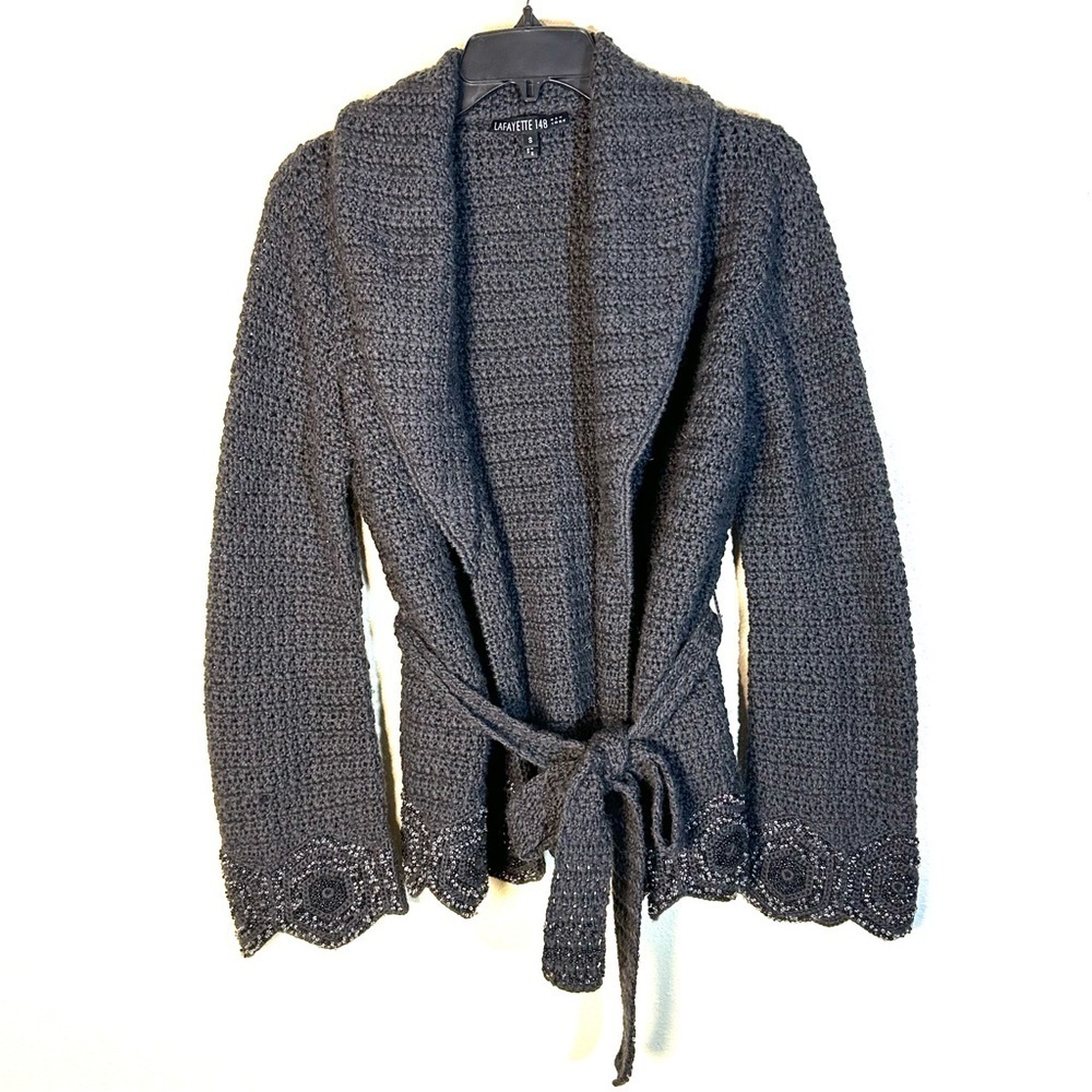 Lafayette 148 Wool Belted Knit Cardigan Jacket Bead Trim Shawl Collar Gray Sz S